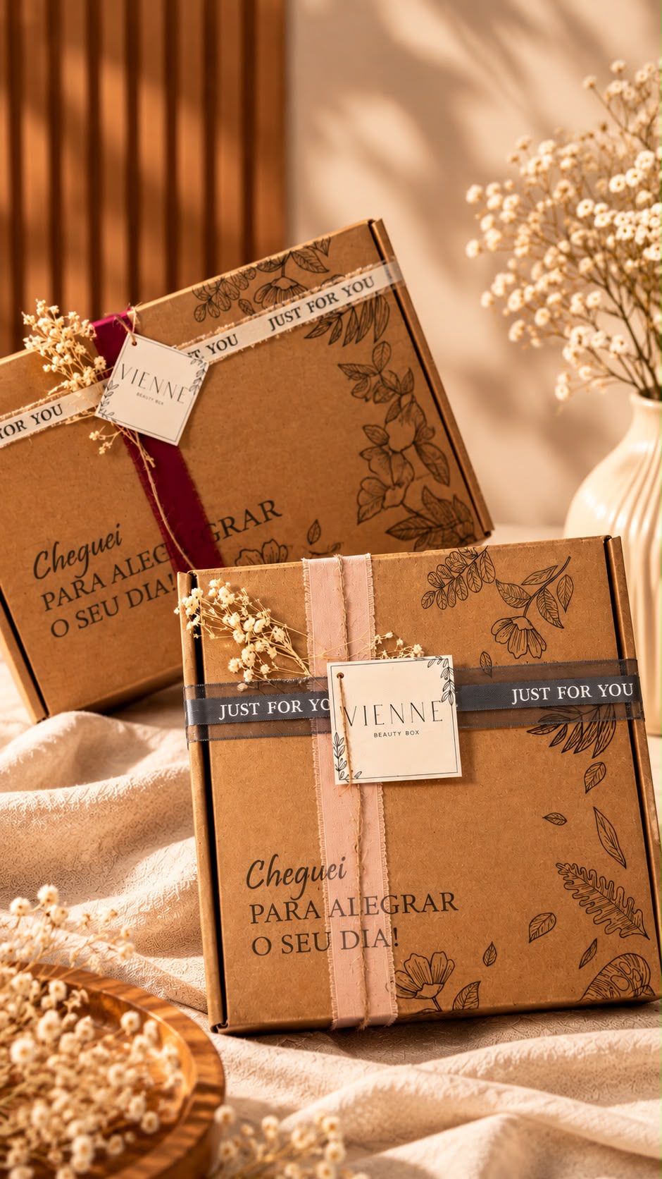 Caixas Vienne decoradas com fitas e flores secas — beauty boxes pensadas para o seu tipo de pele