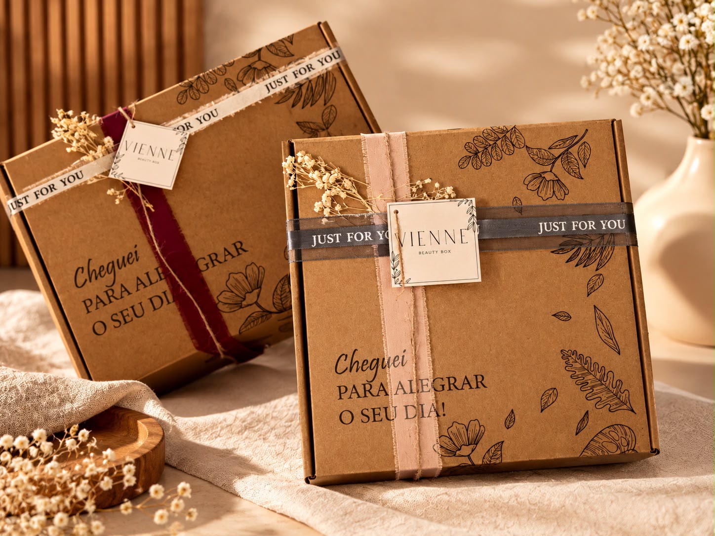 Caixas Vienne decoradas com fitas e flores secas — beauty boxes pensadas para o seu tipo de pele